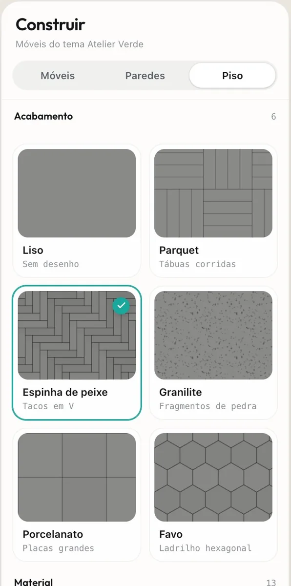Painel Construir na aba Piso, com Liso, Parquet, Espinha de peixe, Granilite, Porcelanato e Favo