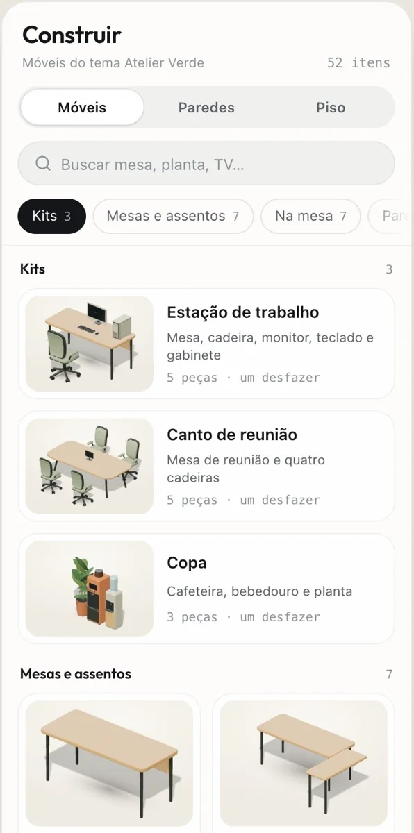 Painel Construir na aba Móveis, com os kits Estação de trabalho, Canto de reunião e Copa