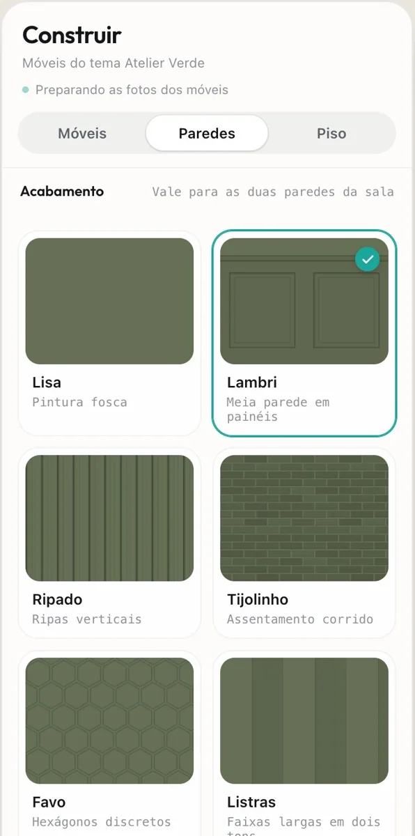 Painel Construir na aba Paredes, com os acabamentos Lisa, Lambri, Ripado, Tijolinho, Favo e Listras
